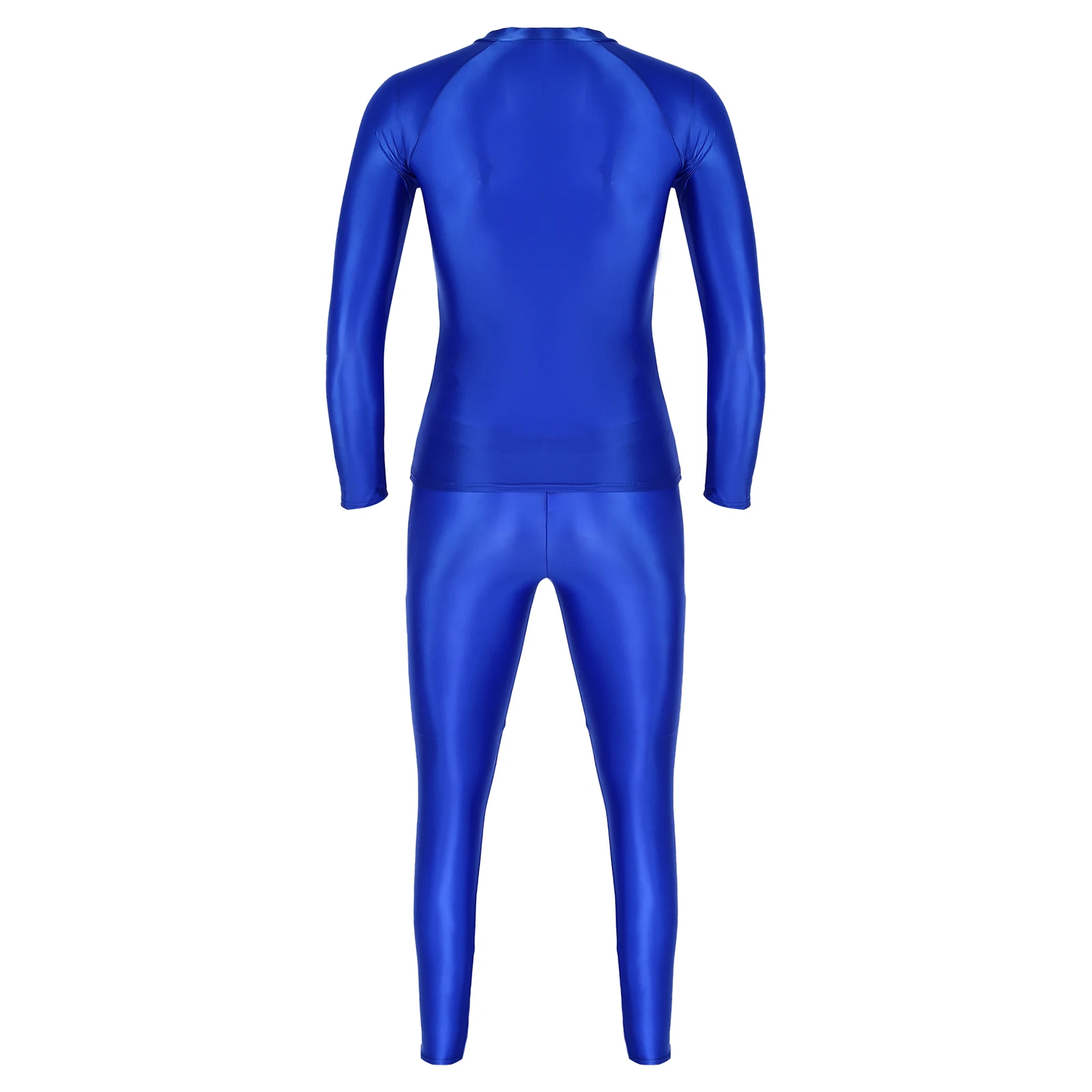 Mens Shimmery Set Clothing Solid Color Glossy Stretchy Sport Yoga Two-piece Outfits Crew Neck Long Sleeve T-shirt with Leggings