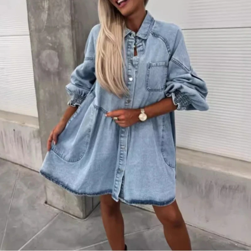 

Women's New Spring Summer Shirt Button Denim Long Sleeve Dress Loose