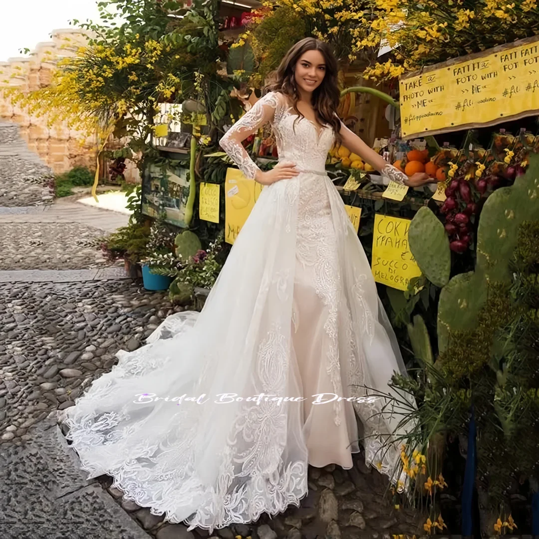 Personalizado 2026 elegância sereia vestidos de noiva o pescoço manga longa renda vestido de casamento de alta qualidade vestidos de noiva princesa