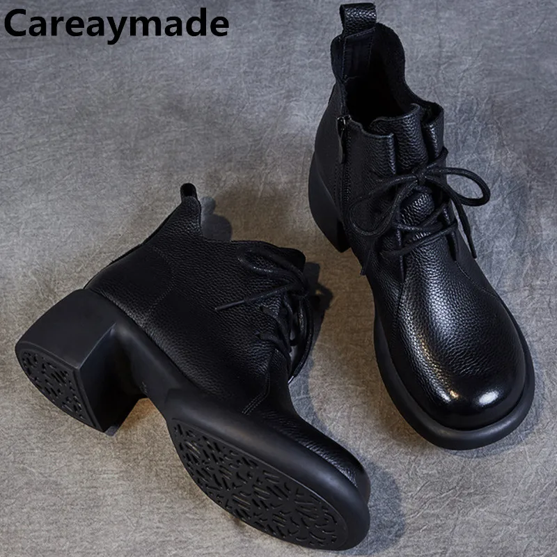 

Женские ботинки на высоком каблуке Careaymade, зимние ботильоны ручной работы в стиле ретро с круглым носком из натуральной коровьей кожи на шнуровке и молнии для женщин
