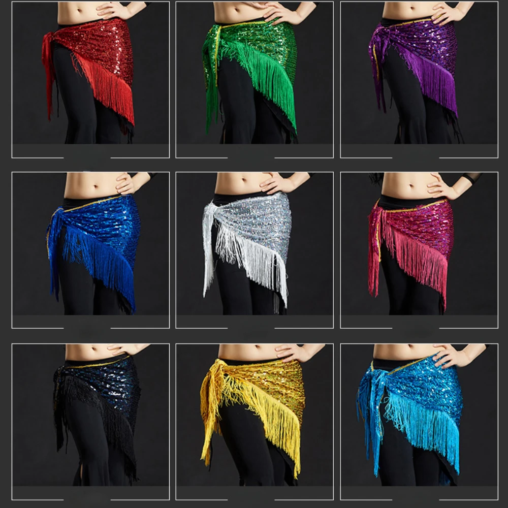 Women's Tassels Sequins Belly Dance Hip Scarf Bellydance Oriental Waist Chains Skirt Indian Dance Practice Performance Costume