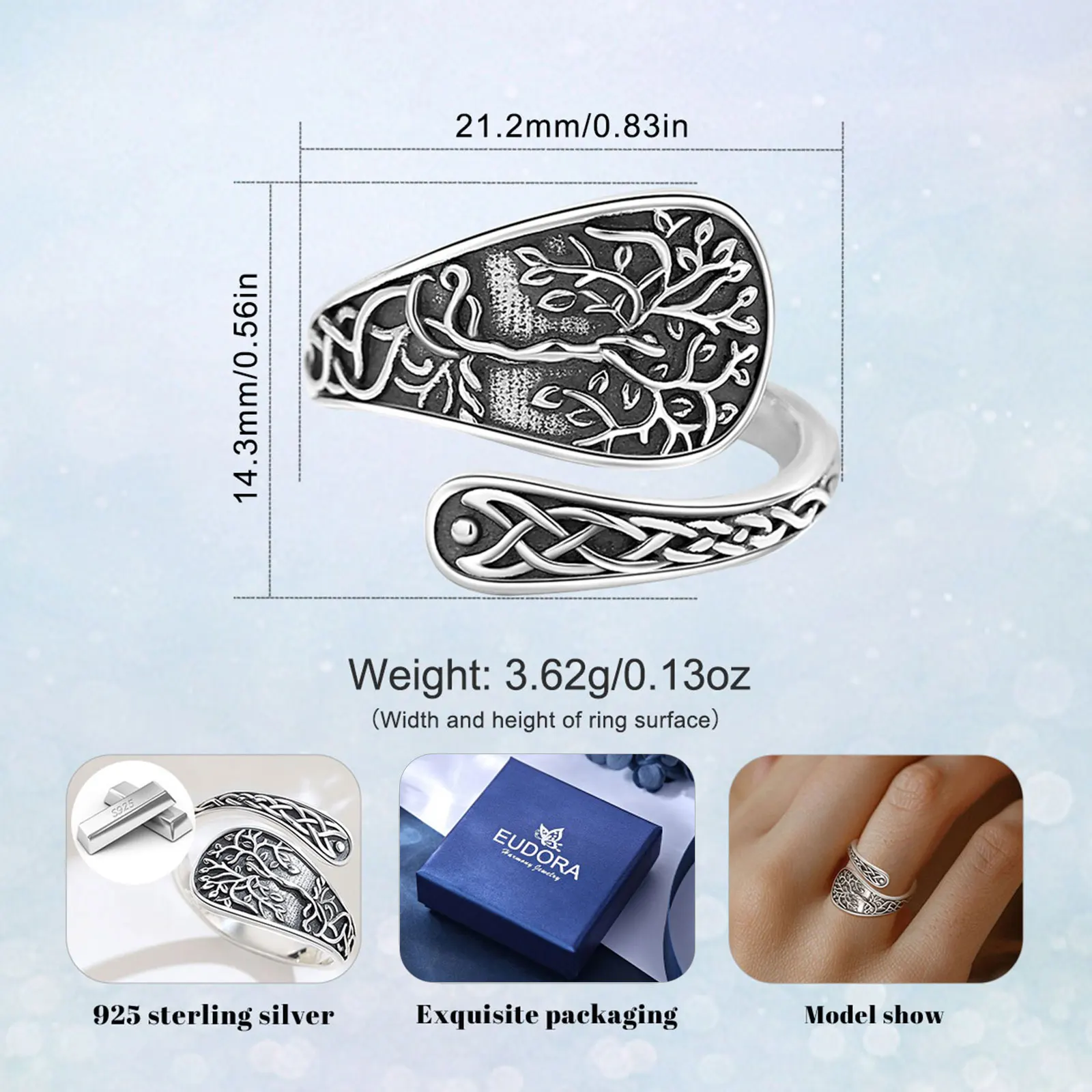 Eudora 925 Sterling Silver Tree of Life Adjustable Ring Vintage Celtic Knot Amulet Spoon Ring Fine Jewelry Gift for Men Women