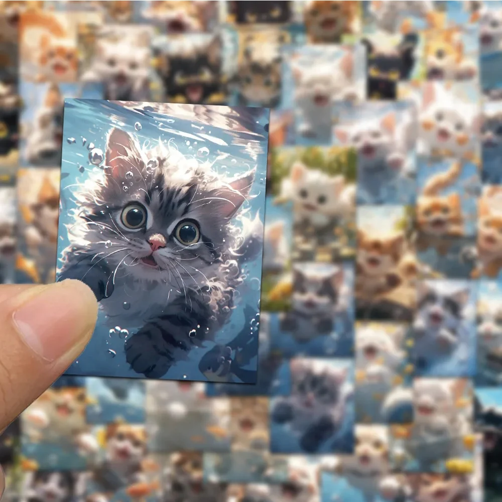 10/30/50 Uds. Lindas pegatinas de gatos de anime nadando, calcomanías de gatitos de dibujos animados kawaii subacuáticos, pegatinas para botellas de agua, papelería, juguetes para teléfonos