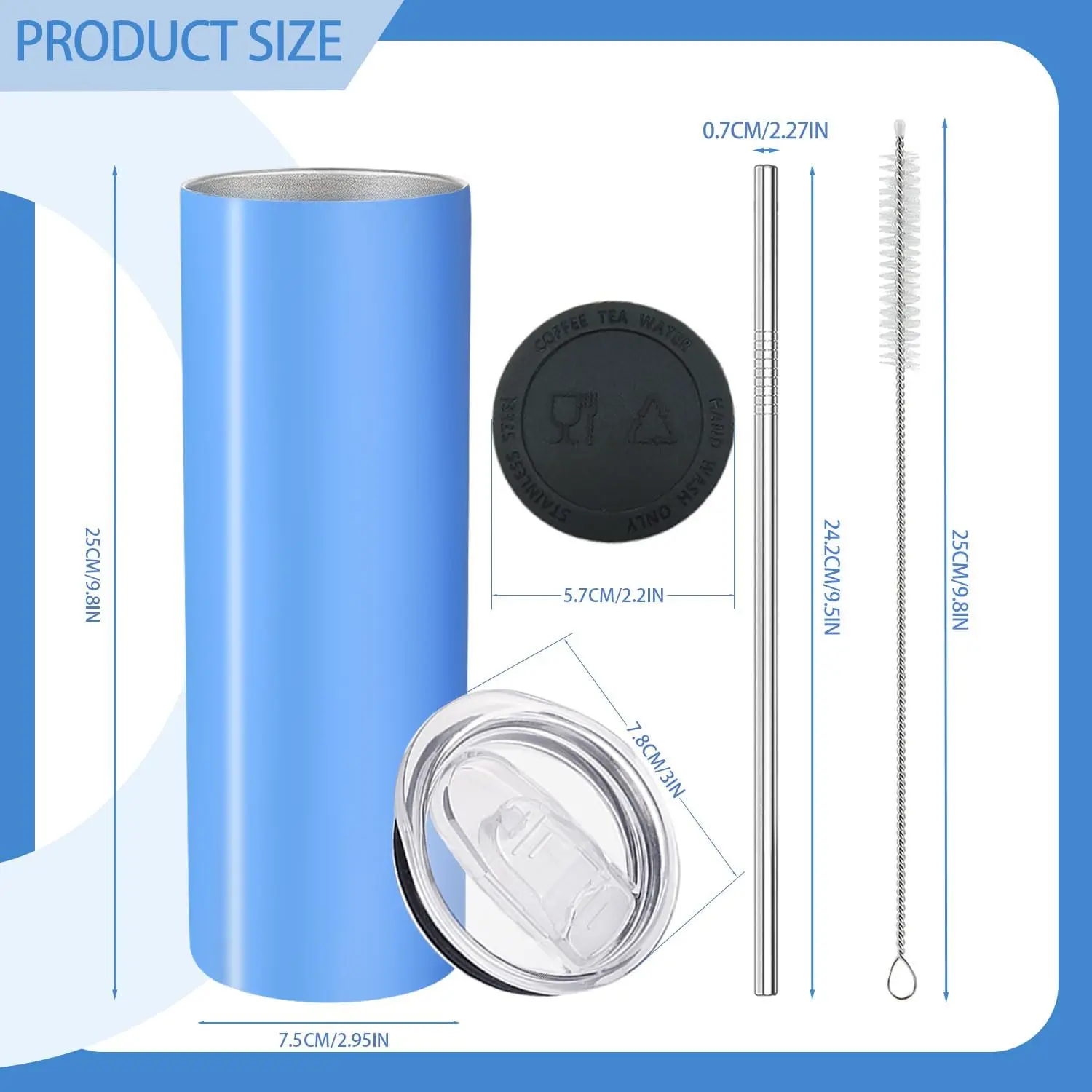 12 Pack Stainless Steel Skinny Tumblers 20oz - Bulk Straight Double Wall Vacuum Insulated Tumbler W/ Lid & Straw & Silicone Base