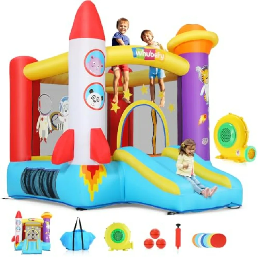 

Rocket Toddler Bounce House for 3-8: 5-in-1 Inflatable Space Bouncy Castle with Jumping Area Slide Basketball Target Game - 106