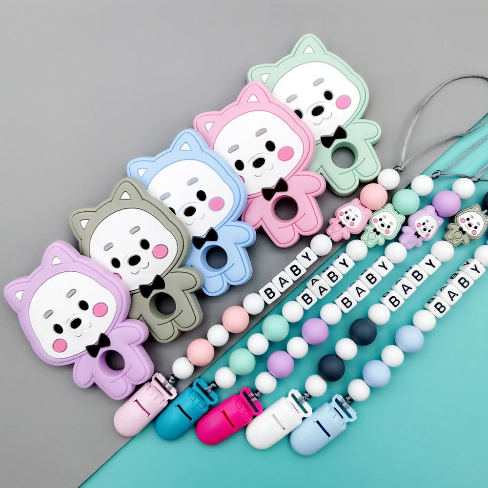 Kustom Inggris huruf Rusia nama bayi silikon anak-anak dot klip rantai Teether liontin bayi dot Kawaii hadiah Teether