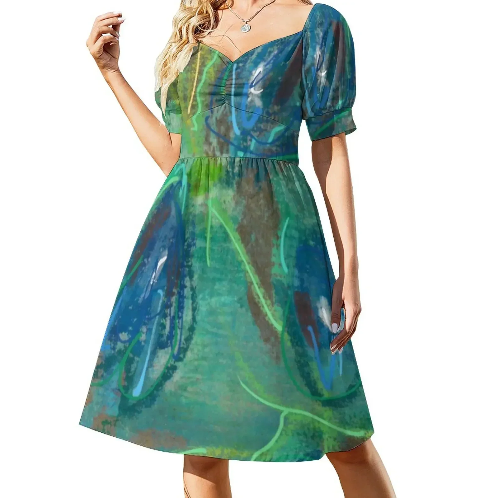 

Blue Abstract Floral Short-Sleeved Dress summer dress woman 2025 Women's long dress Women's skirt