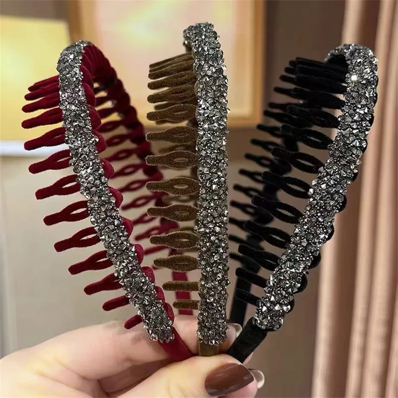 3pcs Fashion Rhinestone Flocking Bezel Hair Hoops for Women Ladies Solid Color Toothed Non-Slip Headband Hair Band Accessories