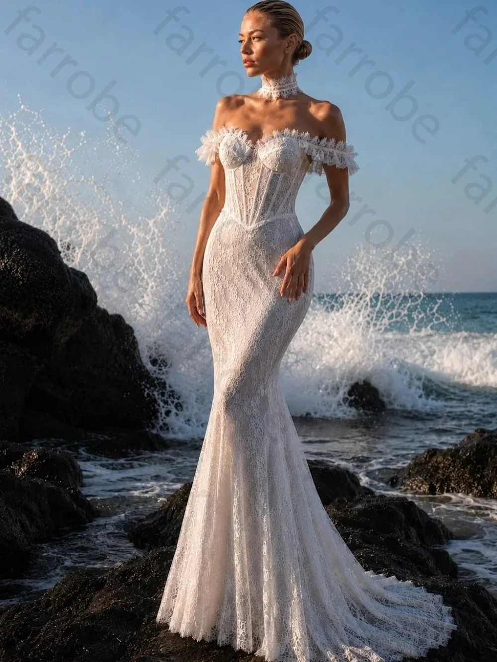 Customized Luxury Off Shoulder Lace Ruffle Frill Mermaid Wedding Dress Choker Neck Corset Bodice Sexy Bridal Gown with Train