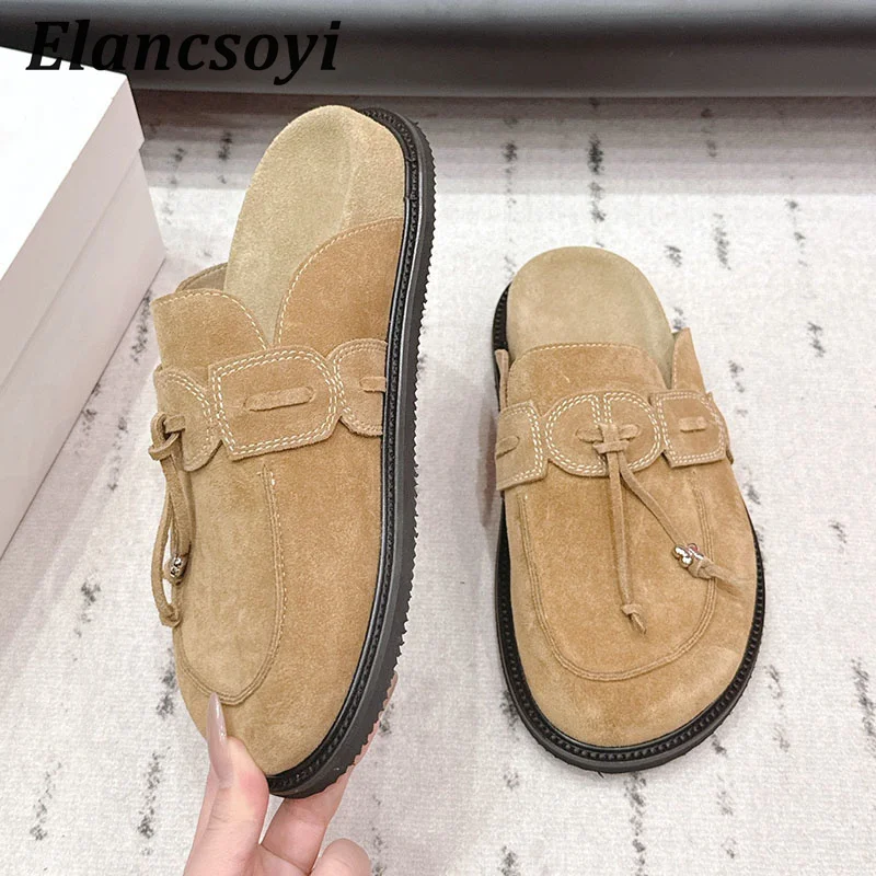Half Slipper Women's Cow Suede Tassel Closed Toe Flat Lazy Mules Shoes Spring Autumn Outdoor Thick Bottom Casual Shoes 2026