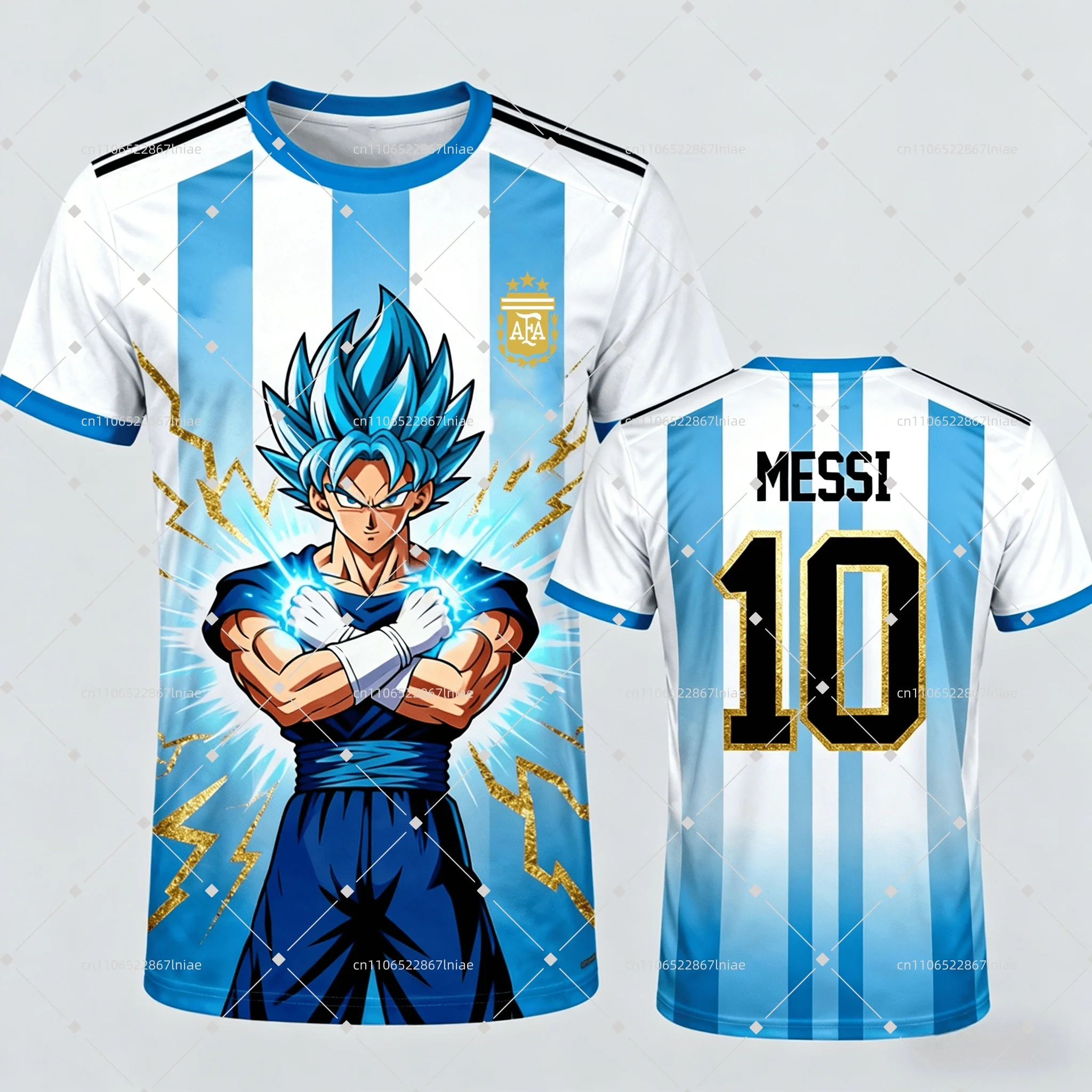 

2026 New Argentine Men's Football T-Shirt Kids Anime Cartoon Saiyan Goku Print T-shirt #Messi#10 Special Edition Football Jersey