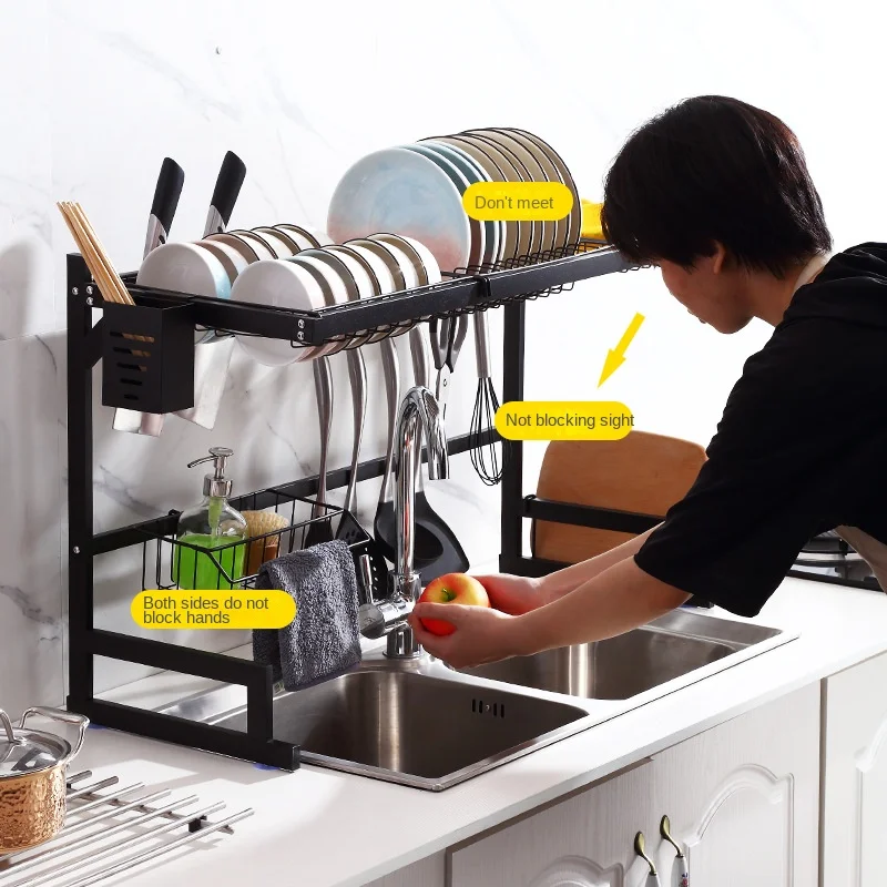 

65cm Metal Dish Rack Black Kitchen Sink Drain Rack Cutter Bowl Tray Countertop Shelving Can Be Loaded and Unloaded Adjustment