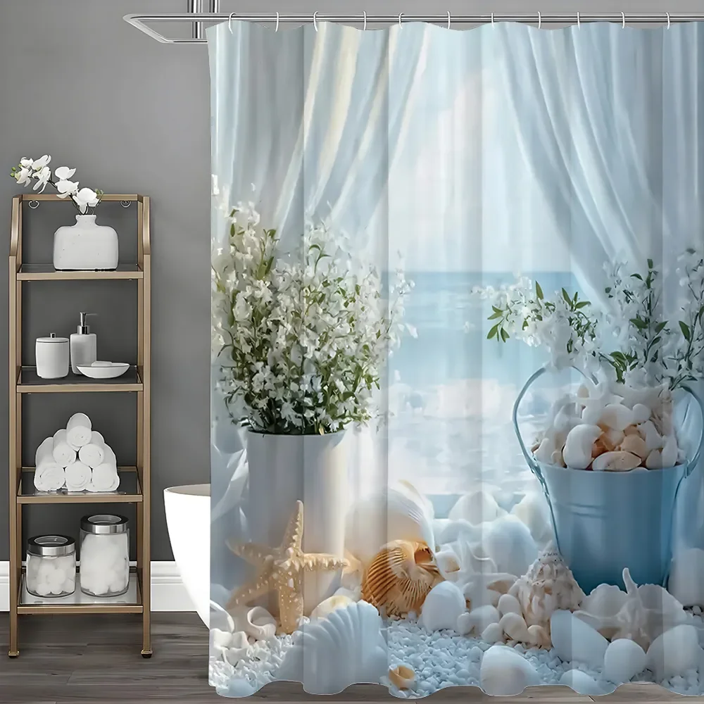 

Coastal Beach Shower Curtain, Seashell & Starfish Ocean Print, Waterproof Polyester Bathroom Curtain with Hooks