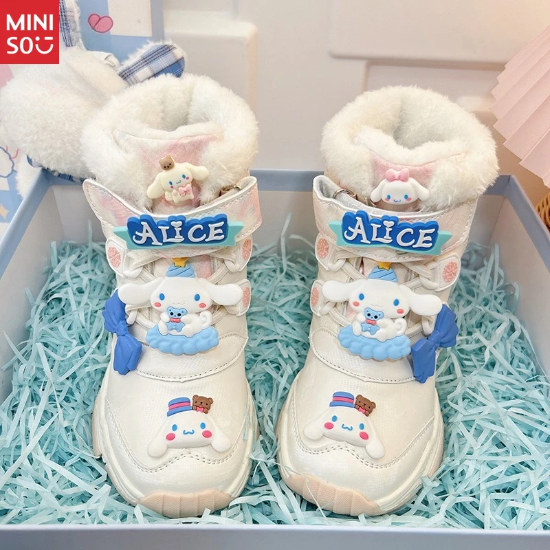أحذية الثلوج من الفرو الصناعي للفتيات من Miniso - أحذية شتوية جلدية على طراز الأميرة، مبطنة بالقطيفة ودافئة لعام 2025