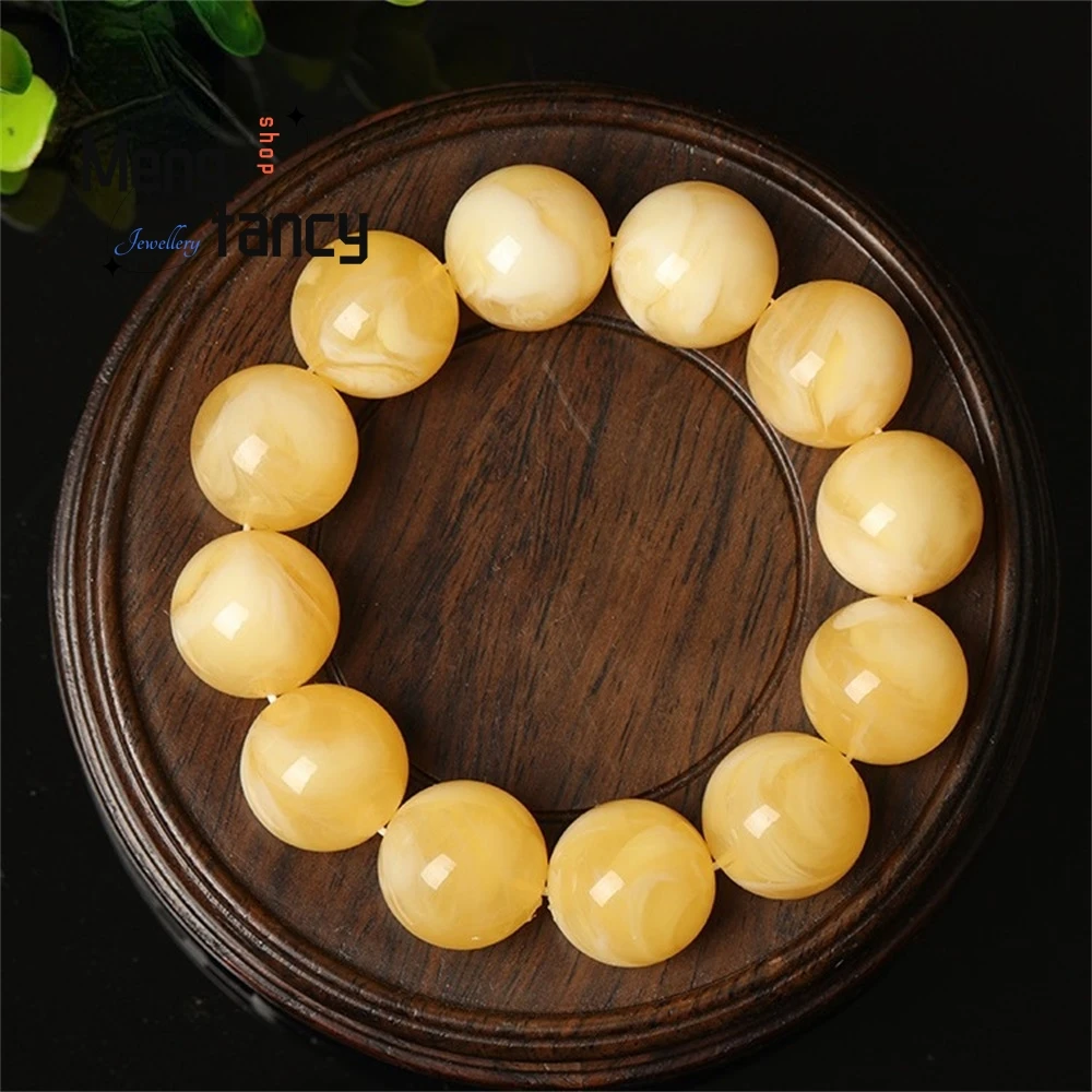 

White Flower Chicken Oil Yellow Beeswax Bracelet For Men And Women, Original Stone Amber Round Bead Single Loop Bracelet Elegant