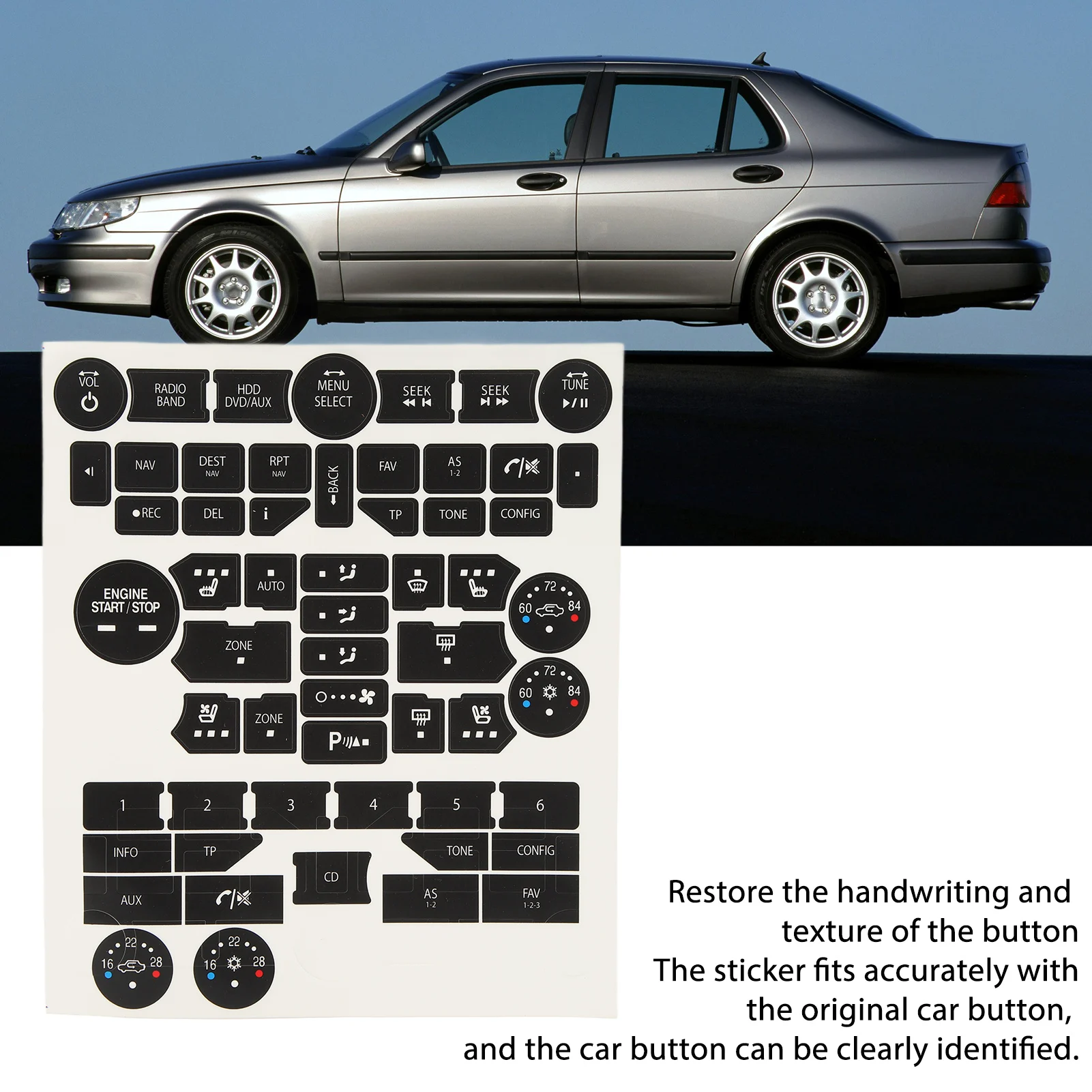 Car Dashboard Radio Button Repair Stickers Set Console Button Replacement Decal Set Fit for SAAB 3 Gen 9-5NG 9-4X