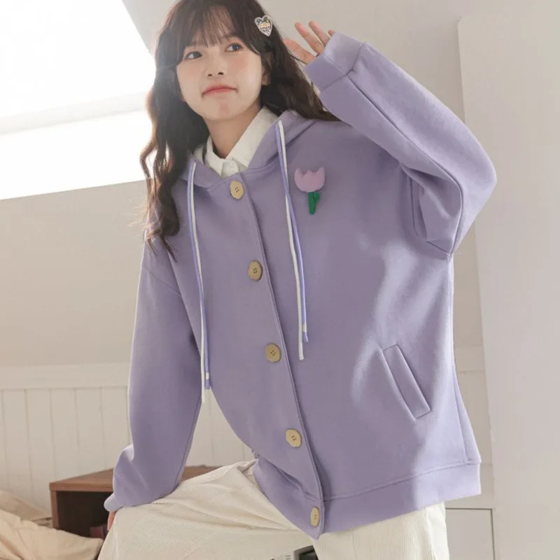 Harajuku Tulpe Blumen stickerei Lavendel Kapuze Sweatshirt Herbst Winter Frauen Kawaii Drop lange Ärmel Button-up Hoodies