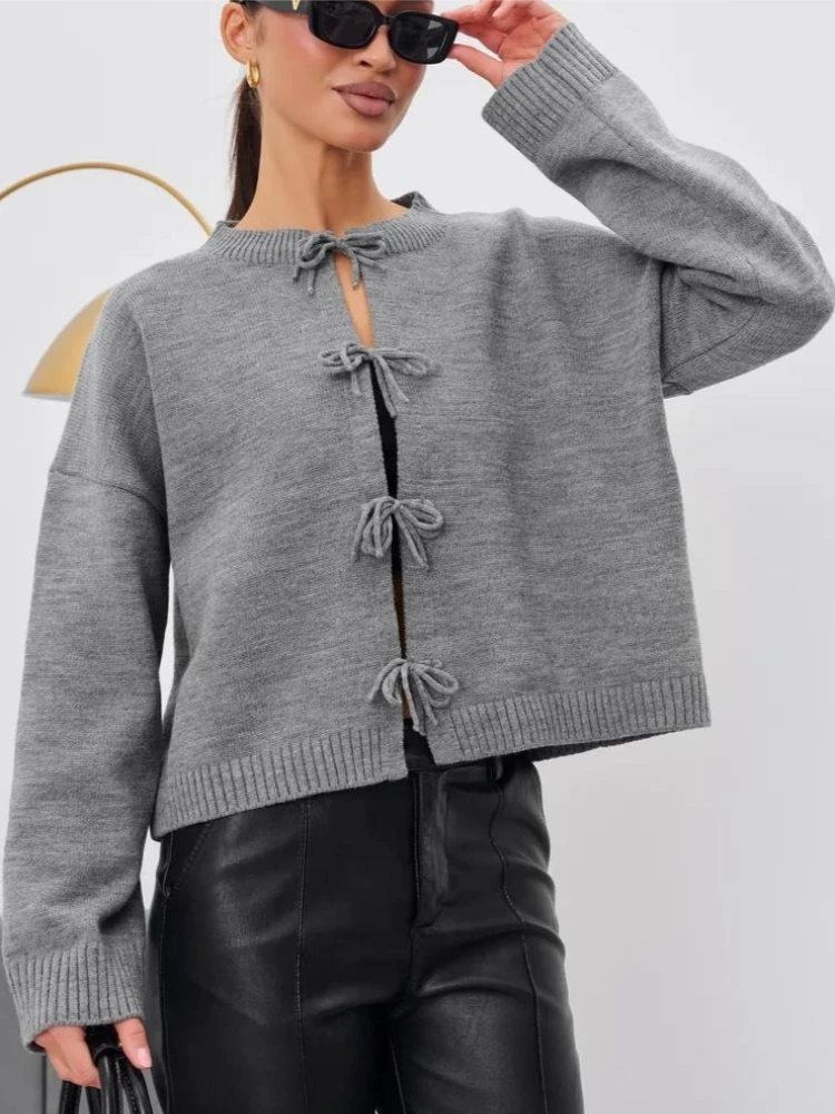 トッシーニットレースアップソリッドカーディガンコート女性通勤ラウンドネックルーズ長袖カジュアルセーター女性ニットウェアカーディガンコート