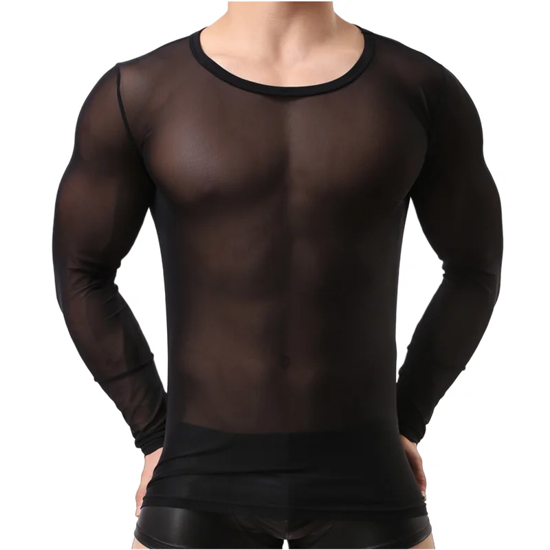 

Sexy Men 's Transparent Mesh Long Sleeve Tops Gay Night Club Clothing Gauze Tights T Shirts Black White See Through Undershirt