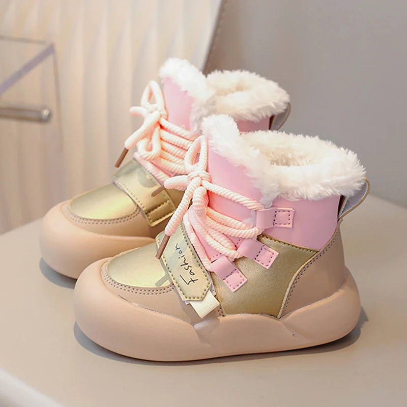 Botas de invierno de cuero PU para niños, botas de nieve de felpa para niños, zapatos de algodón impermeables, zapatos de cuero PU a la moda para niños