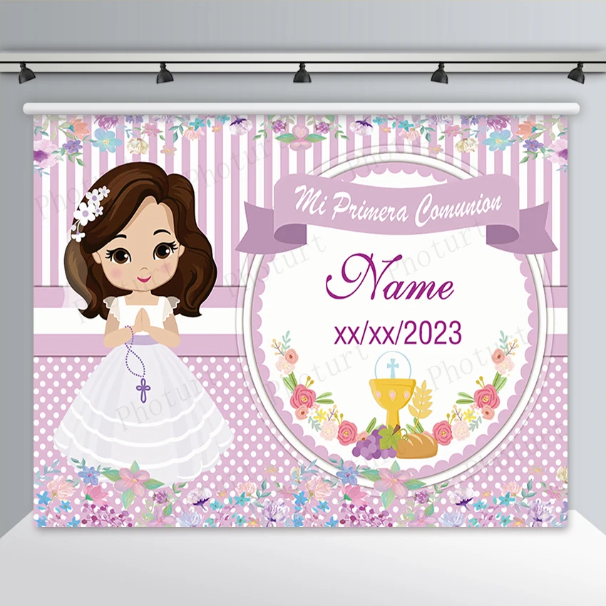 PHOTURT Mi Primera Comunion Baptism Bautizo Backdrop Baby Shower Birthday Background Angel Vinyl Polyester Photography Banner