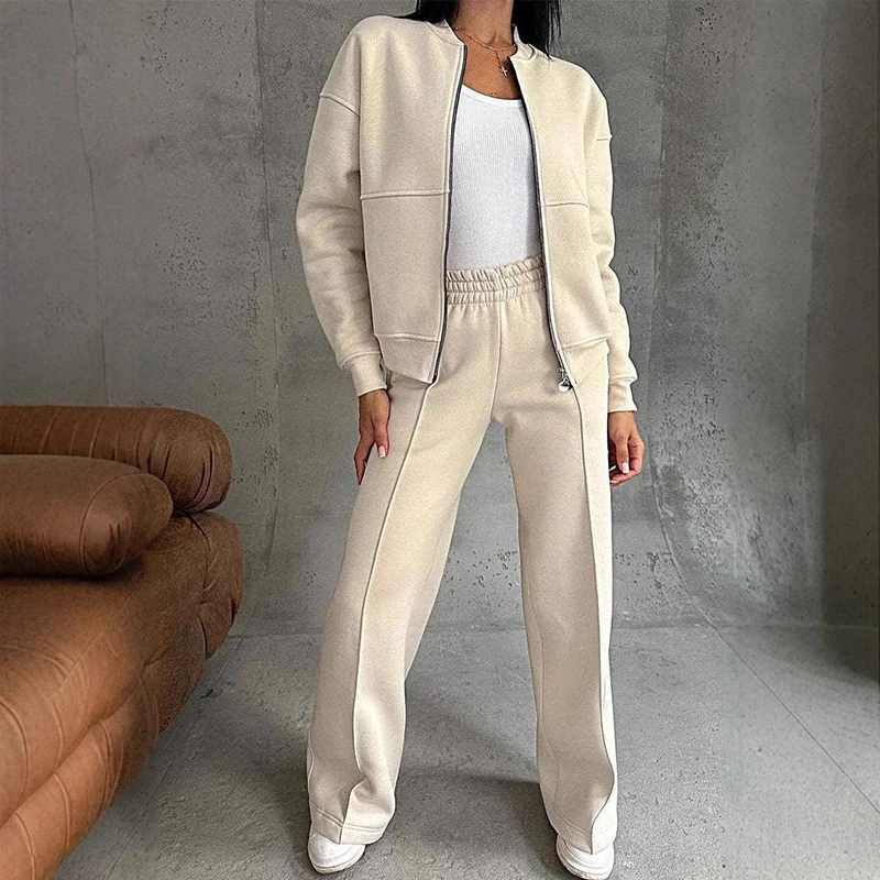 Lady Casual O-neck Zipper Jacket and Pants Suit Fall Winter Long Sleeved Loose Two Piece Set Office Elegant Pocket Solid Outfit