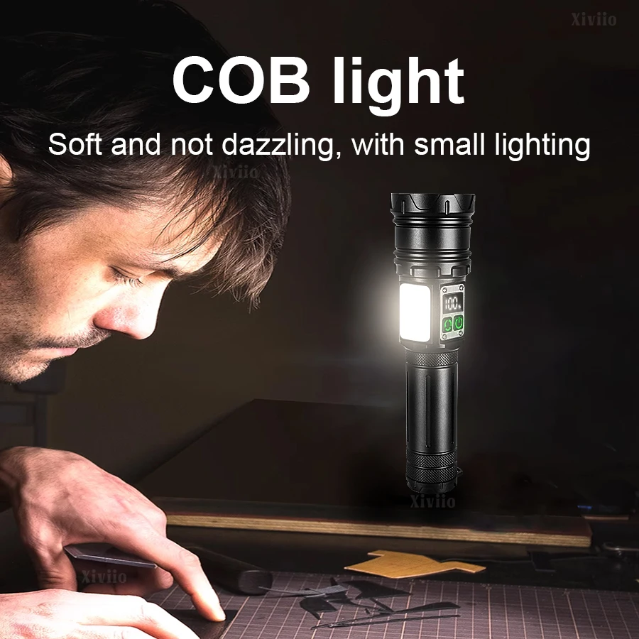 Senter LED Genggam Isi Ulang 180000LM dengan Zoom, Lampu Samping COB Merah, Lampu Peringatan, Tahan Air untuk Berkemah di Luar Ruangan