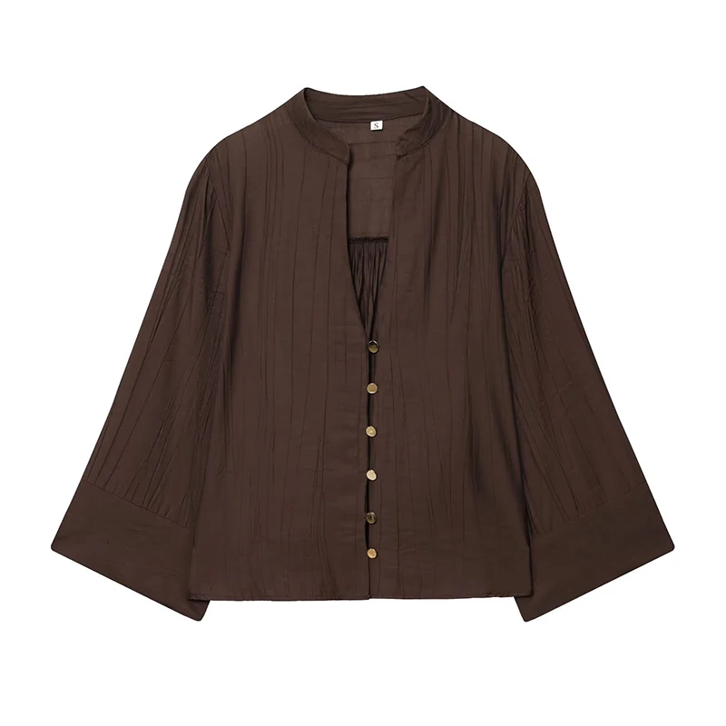 

YENKYE коричневая рубашка на пуговицах спереди с v-образным вырезом и широкими рукавами, женская повседневная свободная осенняя блузка Blusas Mujer