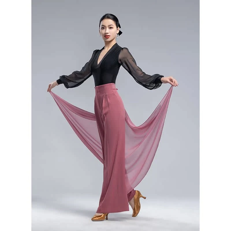 2025 Costumes de danse latine pantalons d'entraînement bleu taille haute maille Patchwork pantalon fluide Chacha Tango Samba vêtements de danse DQL10947