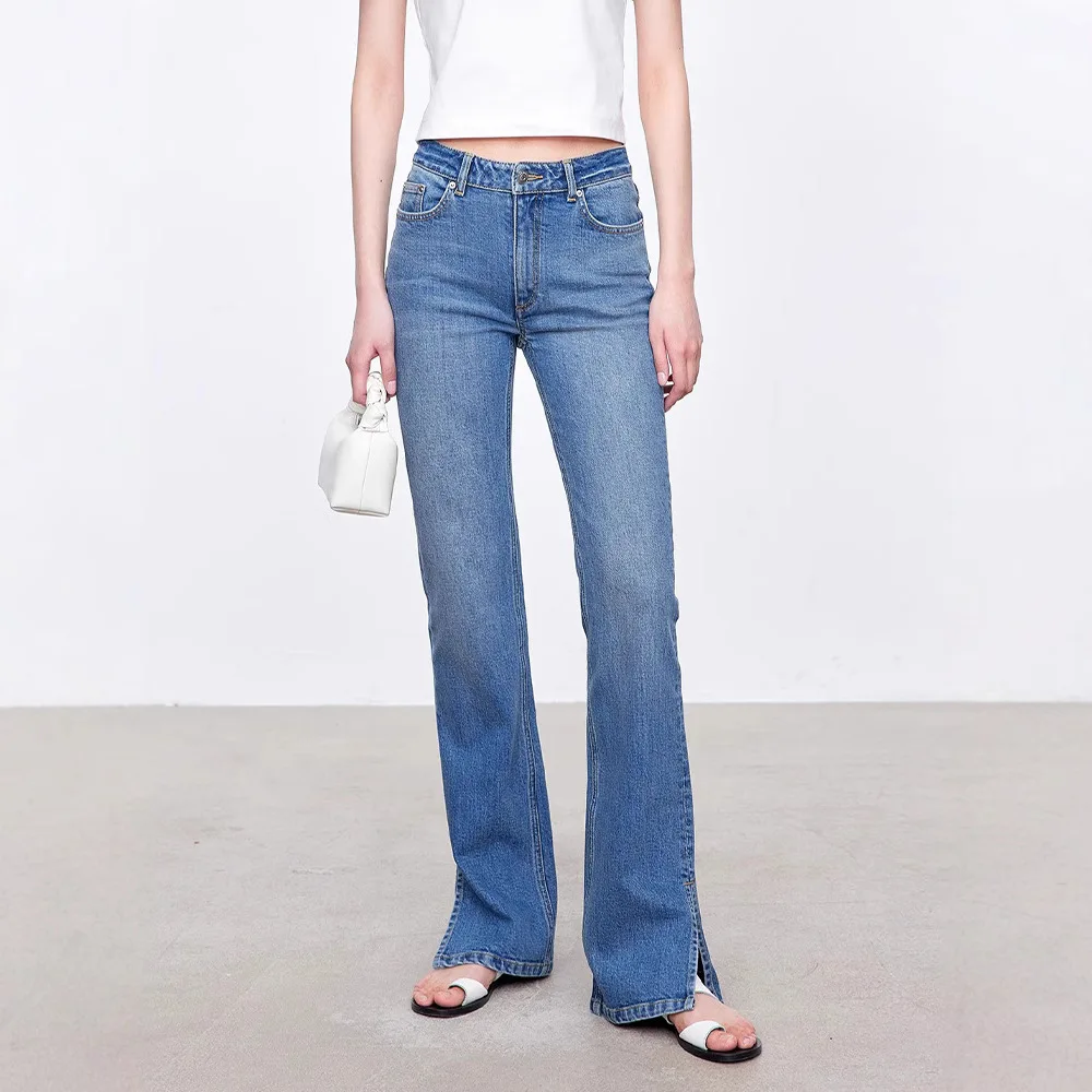 Vaqueros acampanados de mezclilla a la moda para mujer altos clásico azul negro adelgazante ajuste elegante con aberturas laterales pantalones acampanados elásticos 99% algodón