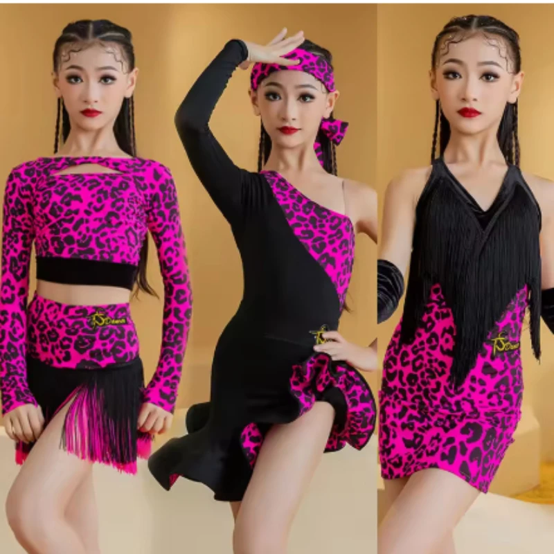 

Neon Pink Leopard Latin Dance Dress Girls Cha Cha Rumba Samba Dance Performance Costume Competition Clothes Fringe Dress CN-998