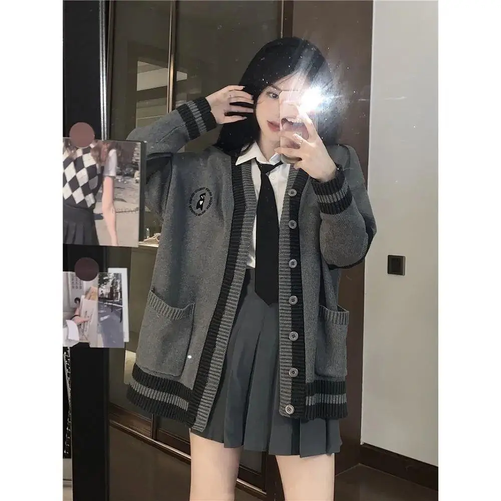 

Autumn And Winter Korean Academy Style Grey Knitted Cardigan Women+Tie Shirt+Pleated Short Skirt Daily Improved Jk Uniform Set