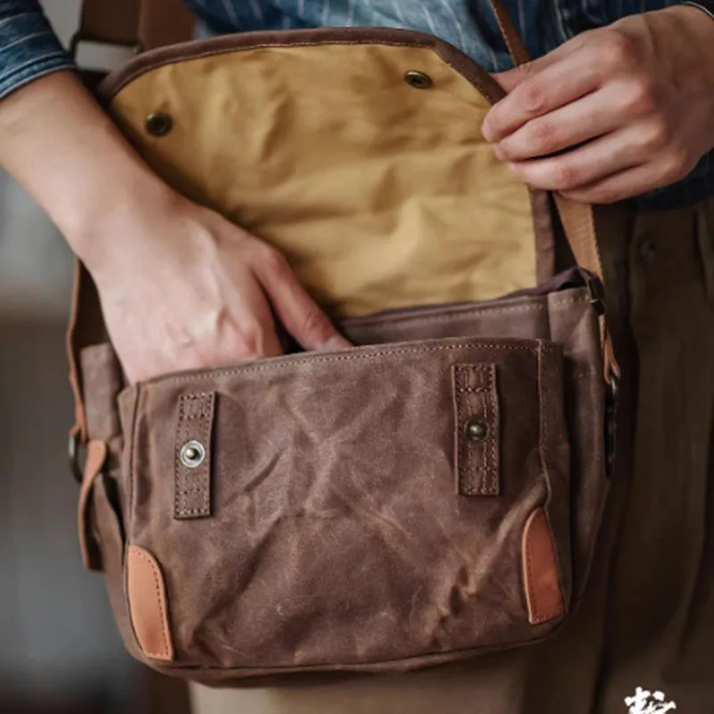AETOO Retro oil wax waterproof canvas messenger bag, Amei Kaki distressed workwear single-shoulder bag, commuter crossbody bag image 5