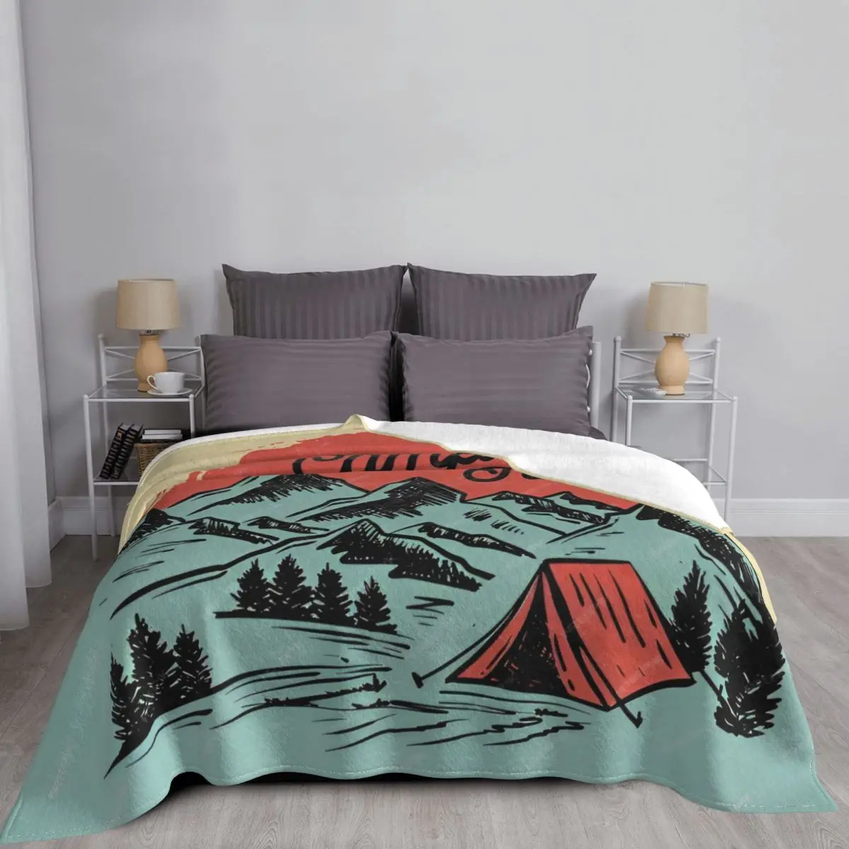 Sketch Camping Nature Blankets Flannel Spring Autumn Summer Camper Lightweight Throw Blanket for Home Outdoor Bedding Throws