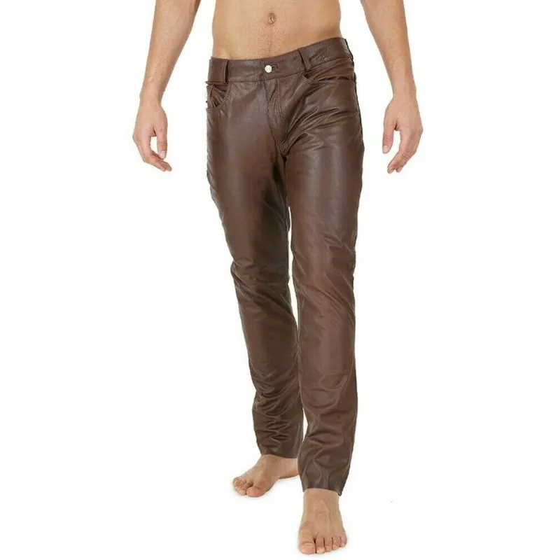 

Men's Genuine Sheepskin Leather Pants Fashion Slim Fit Brown Plain Pants