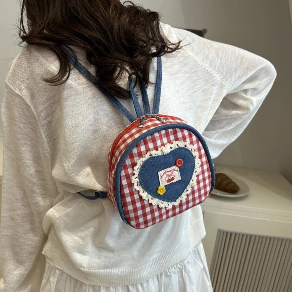Zaino in tessuto vintage con reticolo Mini borsa a tracolla in denim stile rurale Zaino a cuore scozzese per studenti