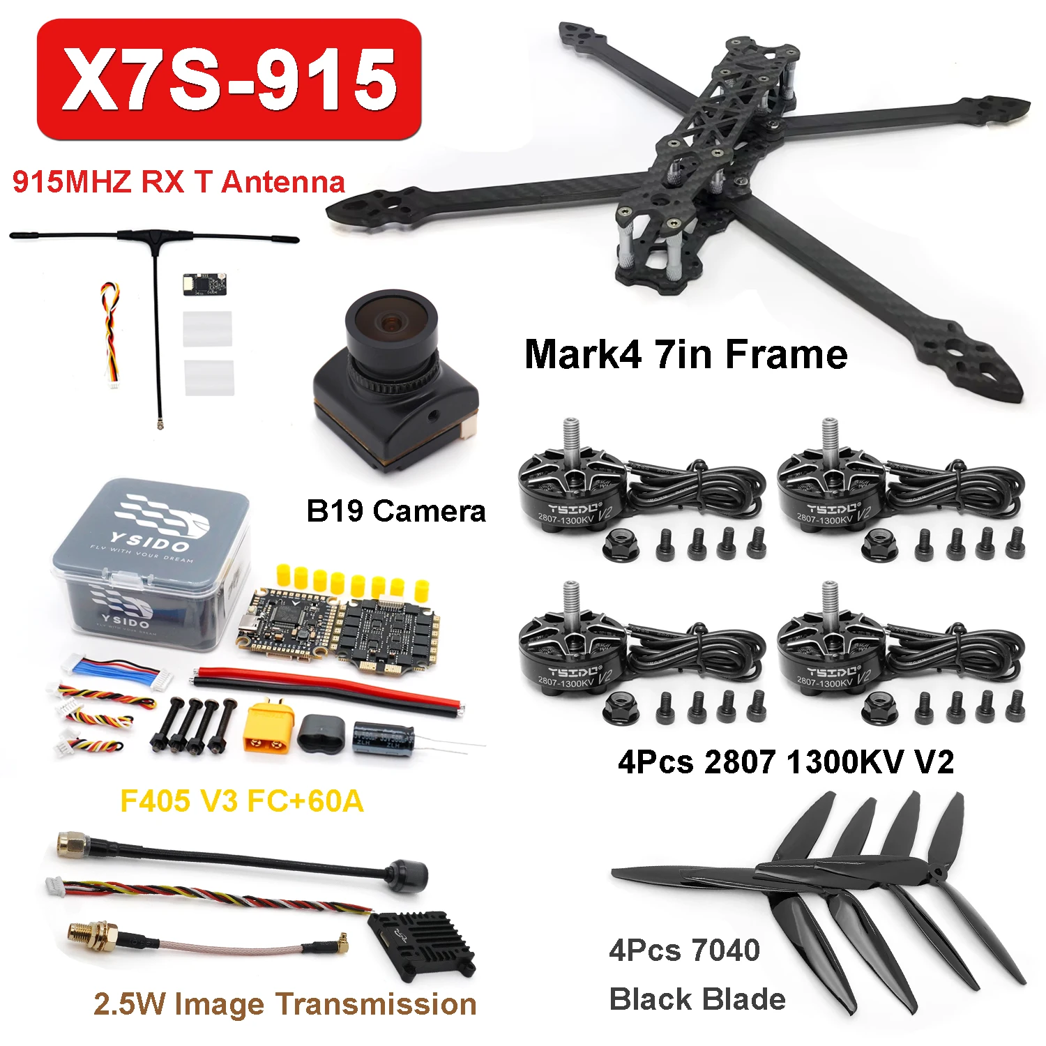 Mark4 7-Zoll 295mm FPV Carbonfaser-Rahmen F405 V3 Flugsteuerung 60A 4-IN-1 ESC X2807 Motor 7040 Propeller Kamera 2.5W VTX ELRS