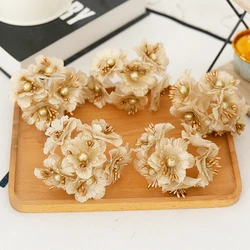 6pcs Golden Artificial Flowers Small Bouquet Christmas Wedding Home Decor Scrapbook Fake Plant Gift Box Wreaths Party Accessory