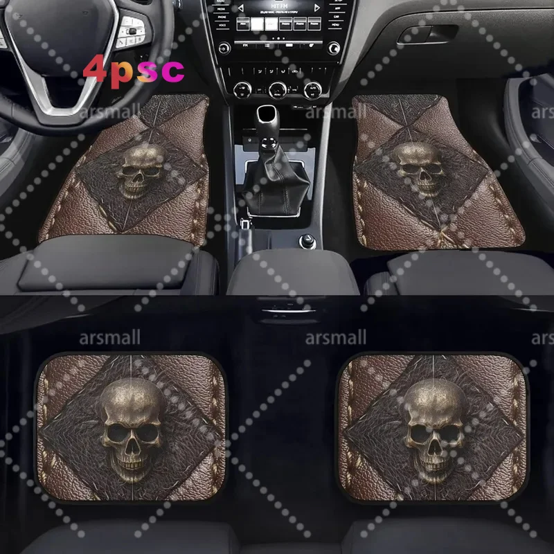 Set Of 4 Car Floor Mats Designed For Both Men And Women, Featuring A Skull Print. These Heavy-Duty Mats Come With Rubber Backing