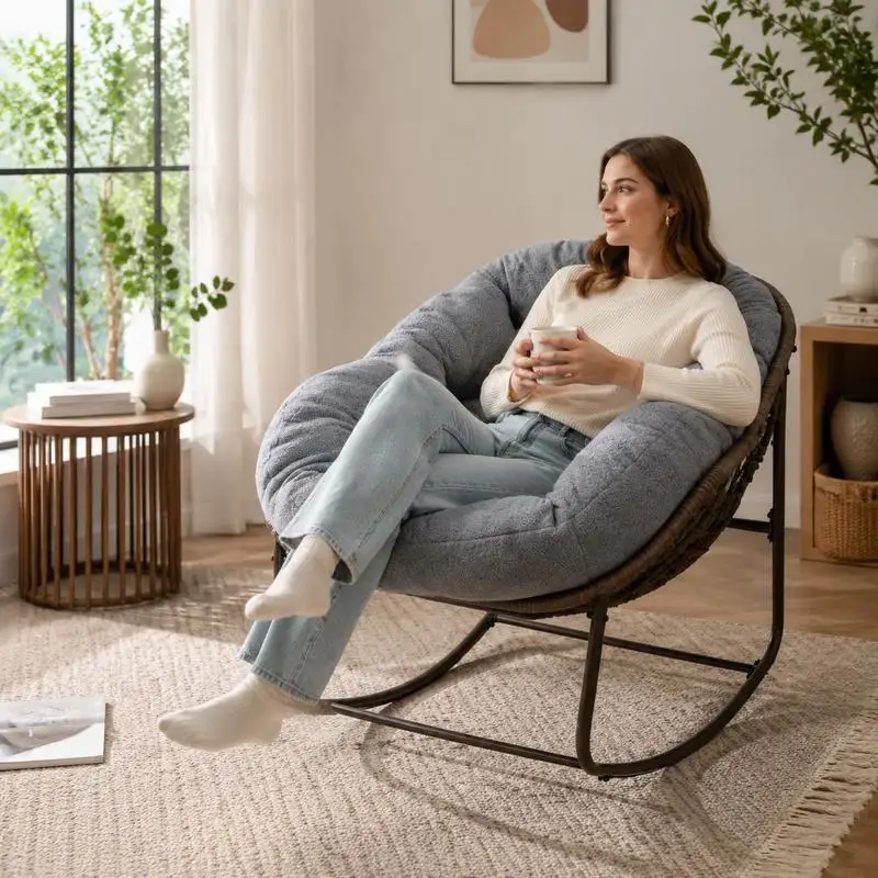 Fauteuil Balançoire Ovale Tressé à la Main 78 x 106 x 90 cm, Structure Métallique Solide, Assise Rembourrée Grise, Design Ergonomique Spacieux, Style Moderne pour Salon, Terrasse, Jardin et Espace de Repos