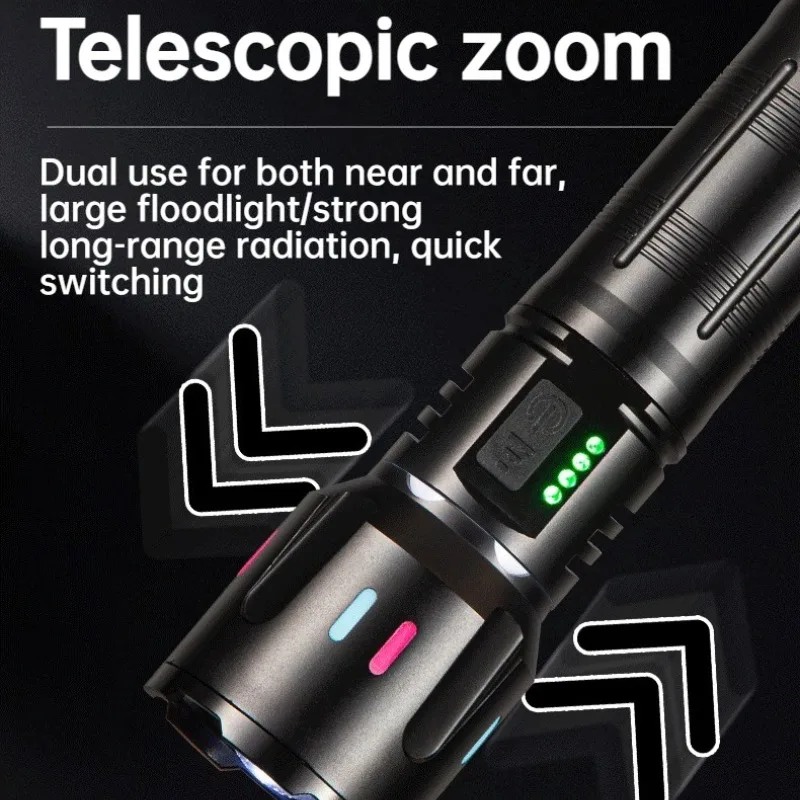 Portable Strong Light Flashlight Side Light Telescopic Zoom Type-C Charging Tactical Waterproof Torch Outdoor Camping Lantern