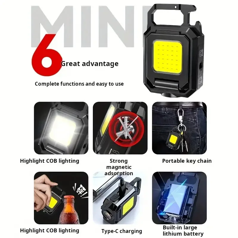 Mini LED Flashlight Keychain Light USB Rechargeable Waterproof COB Foldable Side Lights For Outdoor Camping Hiking Work Lighting