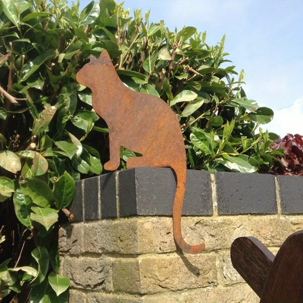 1pc Rusty Metal Cat Garden Decor, Rusted Metal Cat Garden Art, Sitting Cat Garden Ornament Cat Lover Gift, Patio, Lawn & Garden