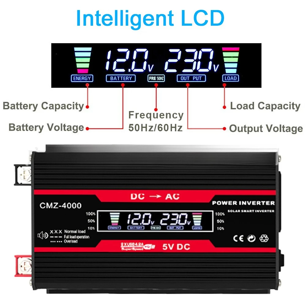 

Автомобильный инвертор 300 Вт, 12 В постоянного тока в AC110V220V, интеллектуальный цифровой экран, интеллектуальный охлаждающий вентилятор