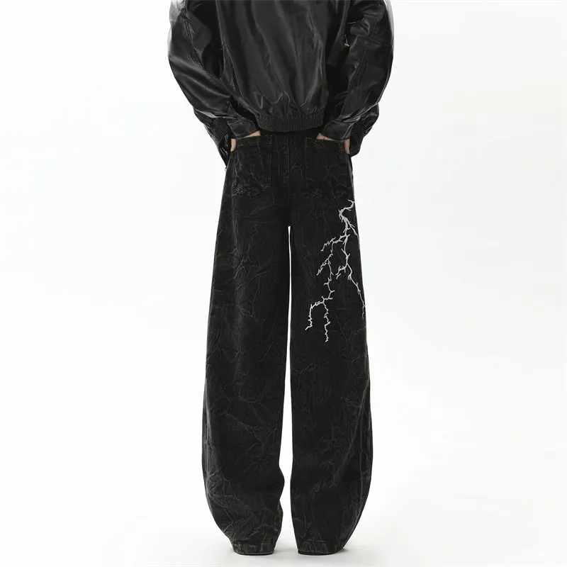 

Свободные мужские широкие джинсы с вышивкой и молнией, повседневные удобные джинсовые брюки прямого кроя, осенне-весенняя уличная одежда