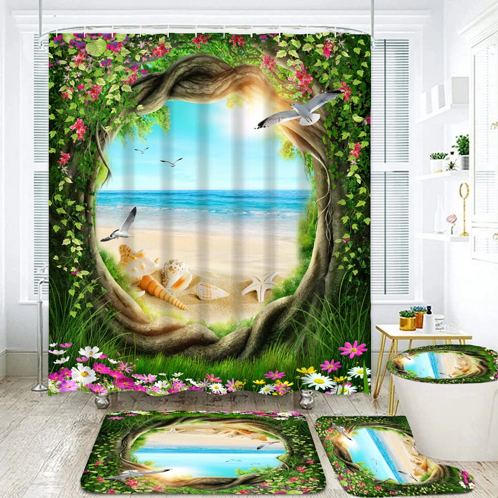 Home Decor Bathing Dream Forest Beach Scenery Fabric Shower Curtain Set with Hooks Bathroom Toilet Bath Mat Non-slip Rug Carpet