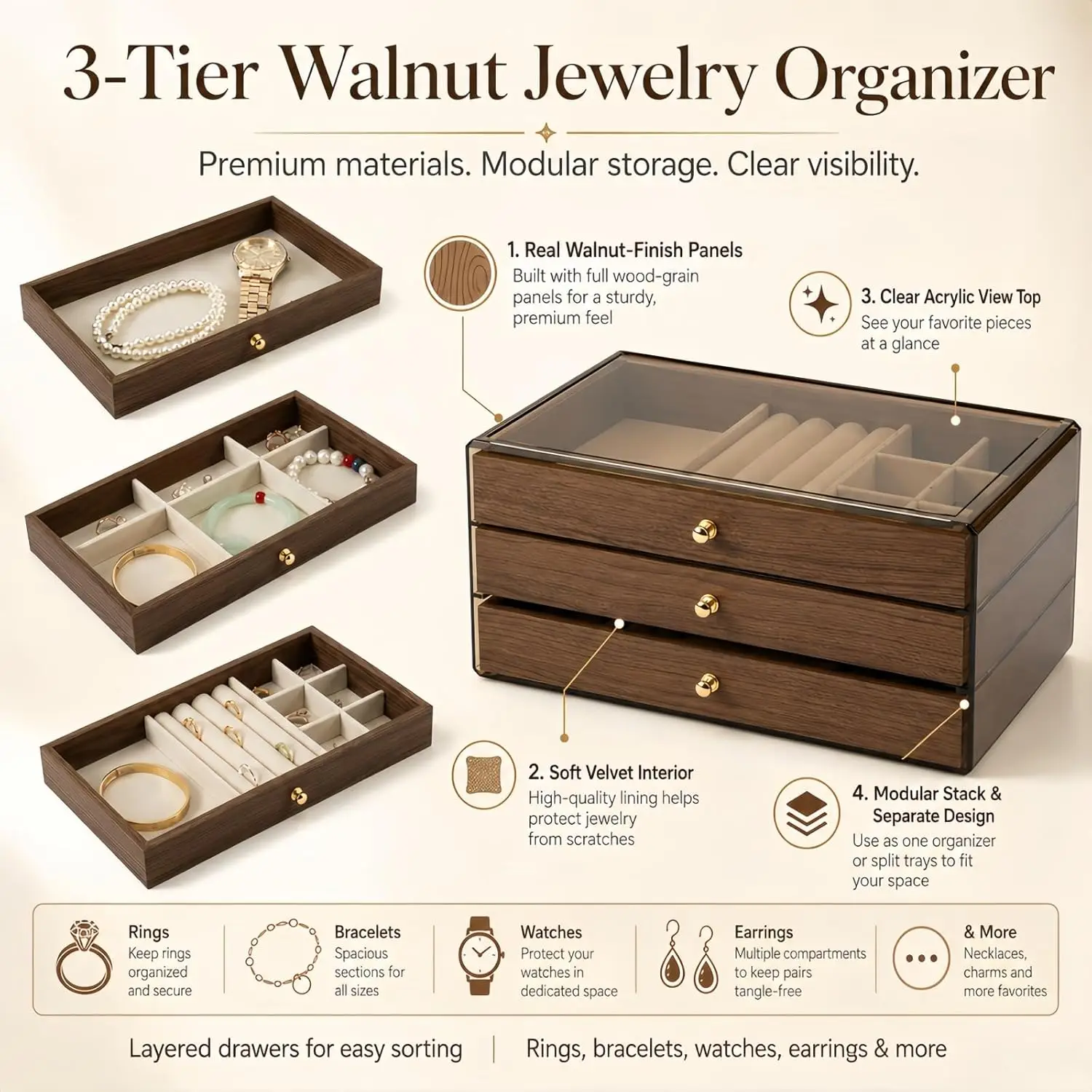 3 - Layer Wooden Drawers Jewelry Box Jewelry Organizer Compartments for Earrings, Rings, Necklaces, Bracelets, Lipstick