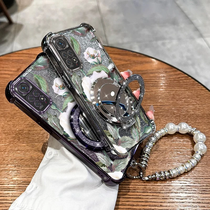 

Note 11Pro White flowers Plating Bracelet Holder Phone Case For Xiaomi Redmi Note 9T 10Pro 10X 9S 10 11EPro 11 10T 9 Cover