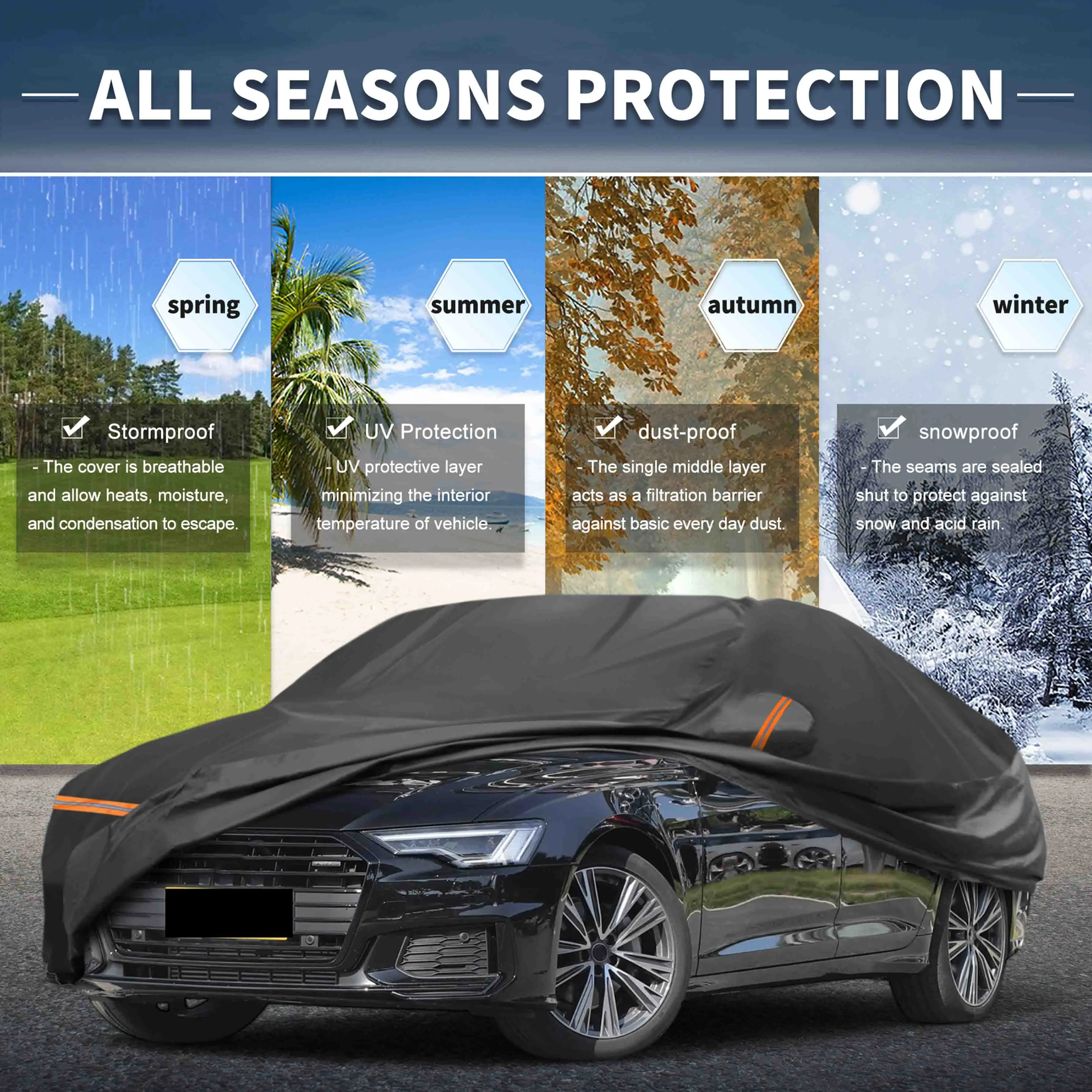 

UXCELL полный автомобильный чехол для Audi A6 2004-2023 PEVA Spunlace, хлопковый уличный всепогодный водонепроницаемый чехол с молнией двери пассажира
