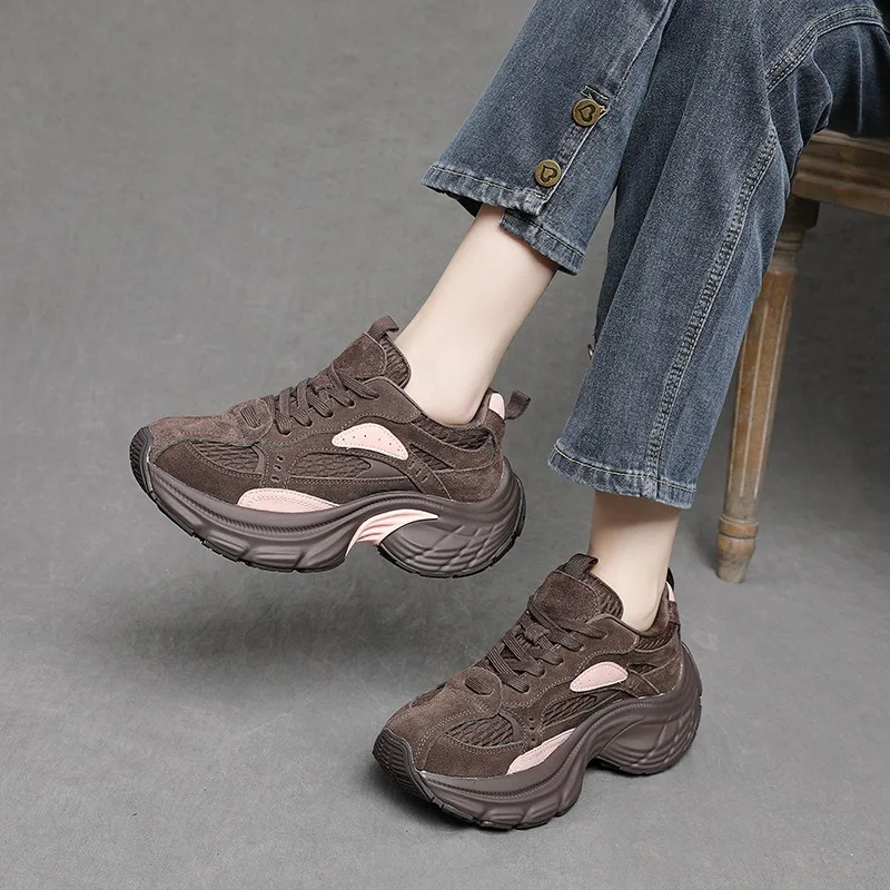 Leather Retro Sneakers Autumn Fashion Lace-up Women's Casual Shoes Dad Jogging Increases Height Fashion Good Quality